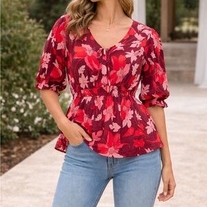 Harve Benard Floral Blouse in Red and Pink